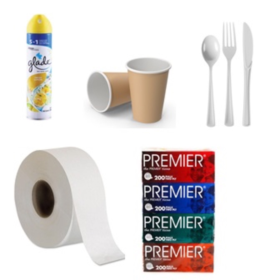 Office paper and cleaning supplies wholesale — cups, cutlery, tissue, cleaning spray