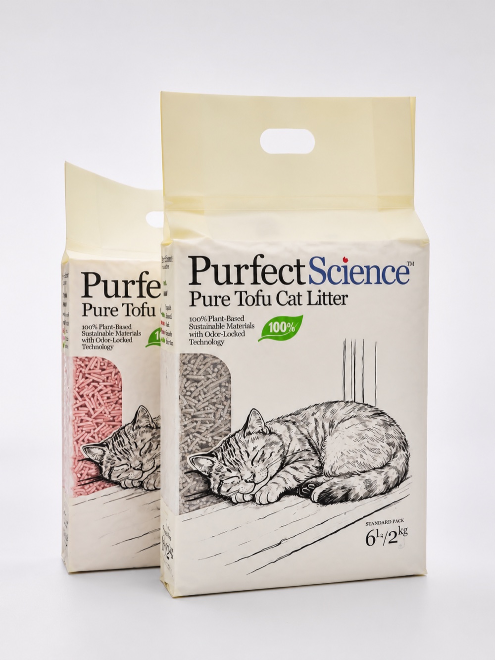 PurfectScience tofu cat litter — two packs, grey and pink pellets